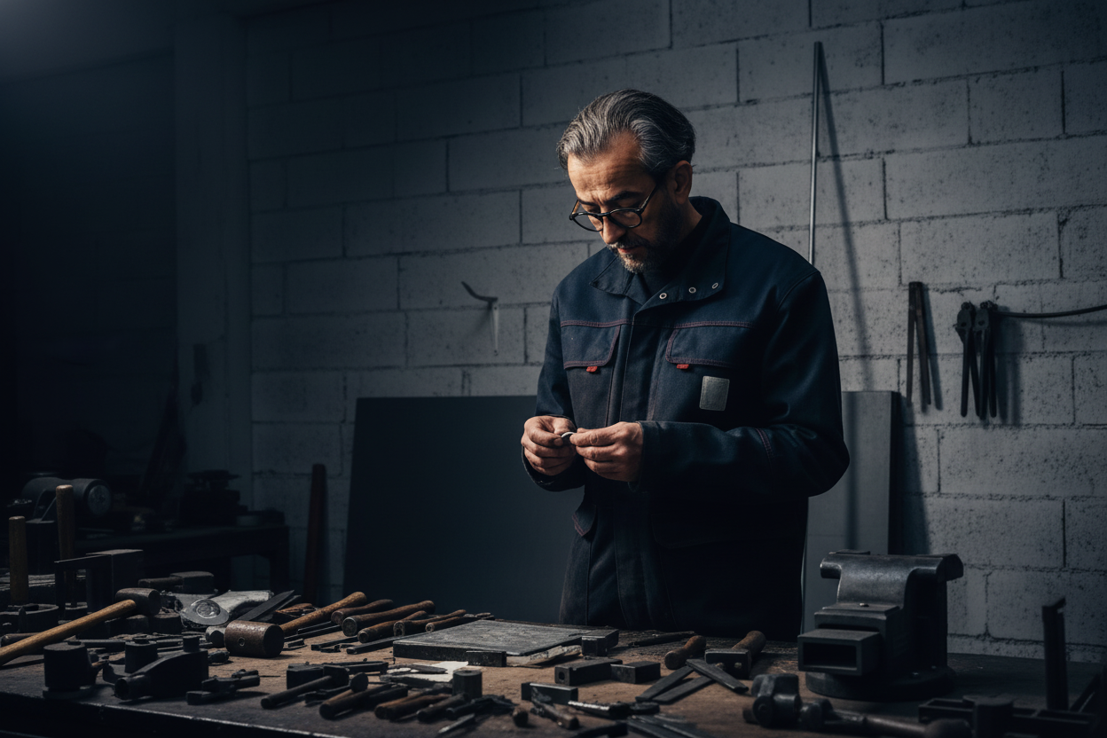 Artisan au travail dans son atelier, entouré de ses outils — Le Couturier de la Lumière