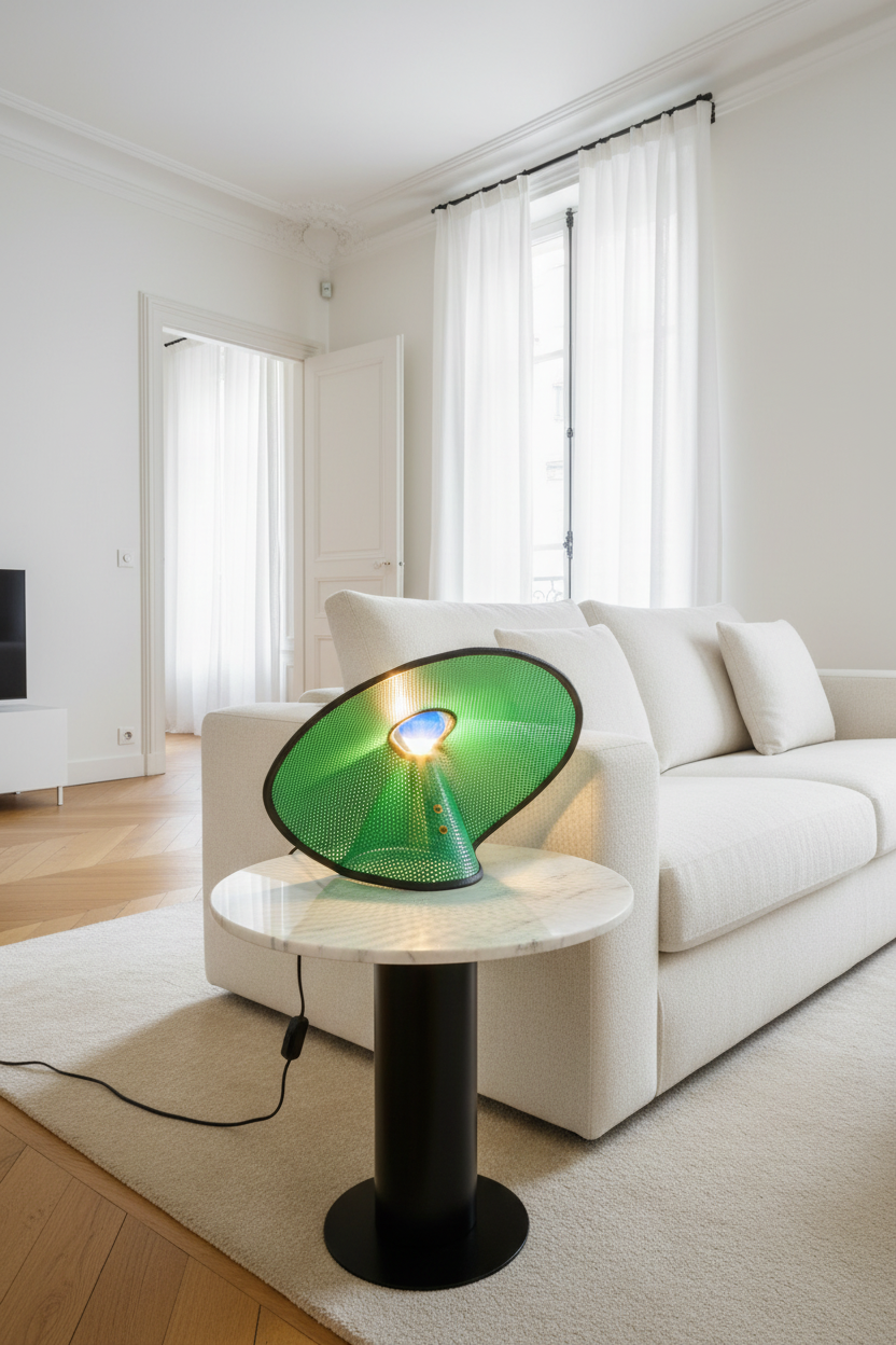 Lampe de table Capeline « Vert Lumière » — Pièce unique, métal perforé formé à la main