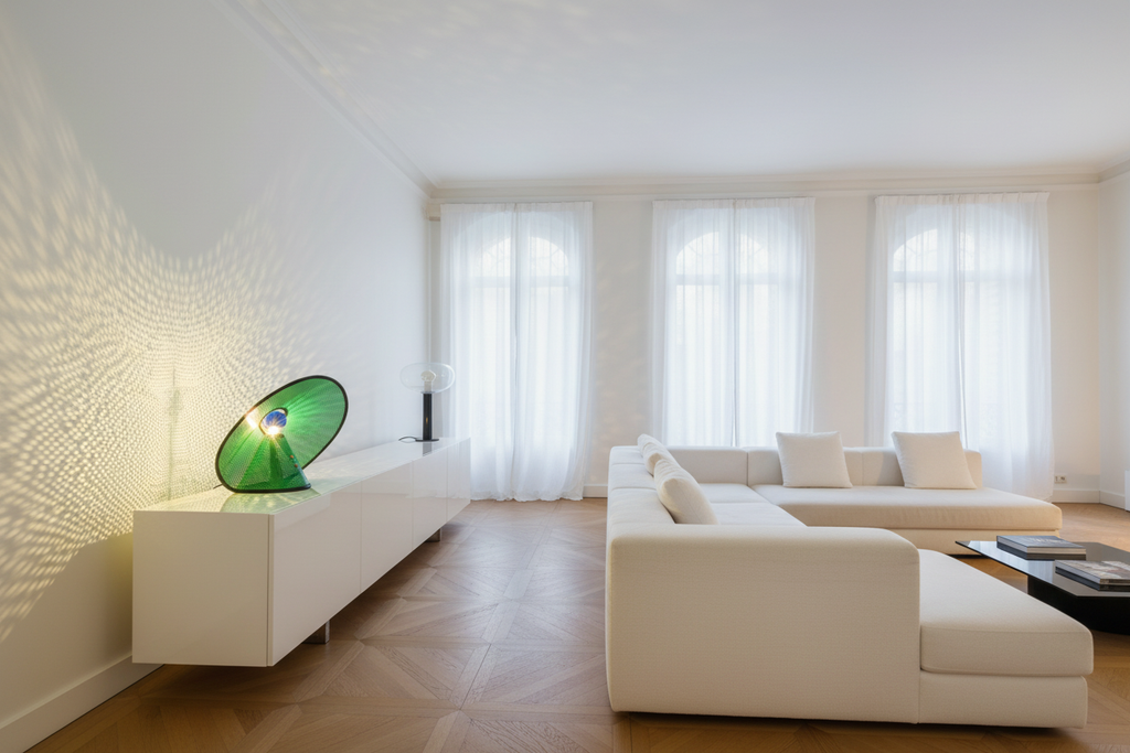 Lampe de table Capeline « Vert Lumière » — Pièce unique, métal perforé formé à la main