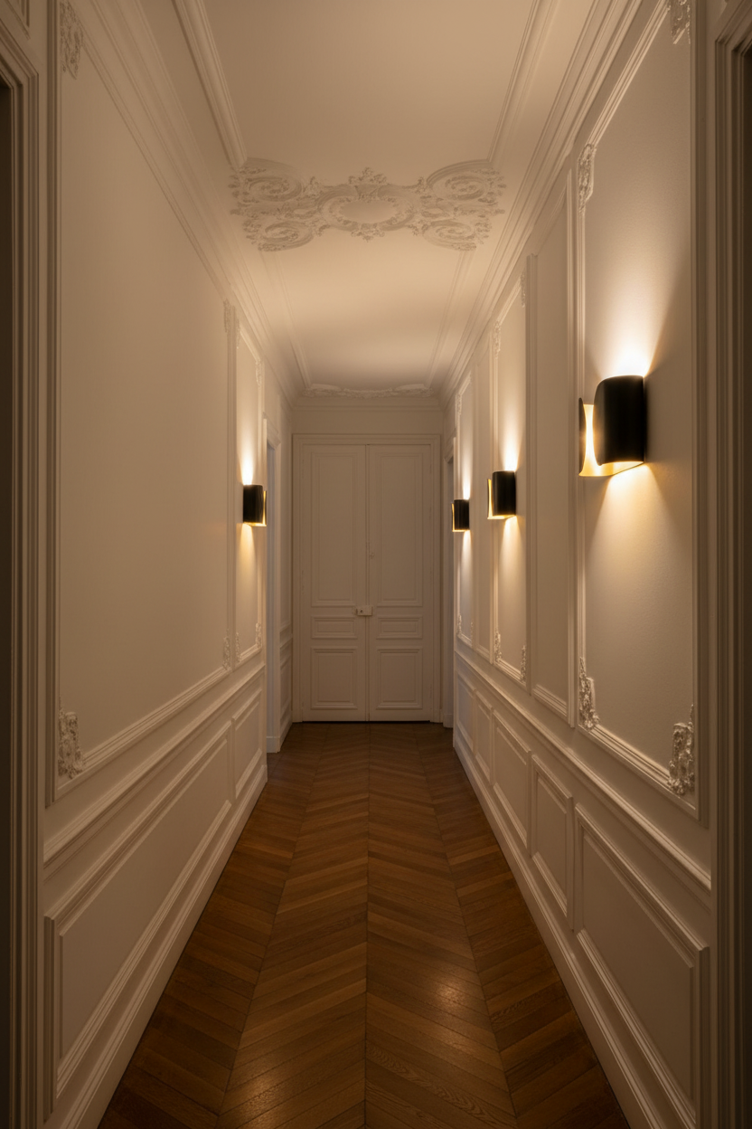 Couloir haussmannien - 3 appliques en perspective