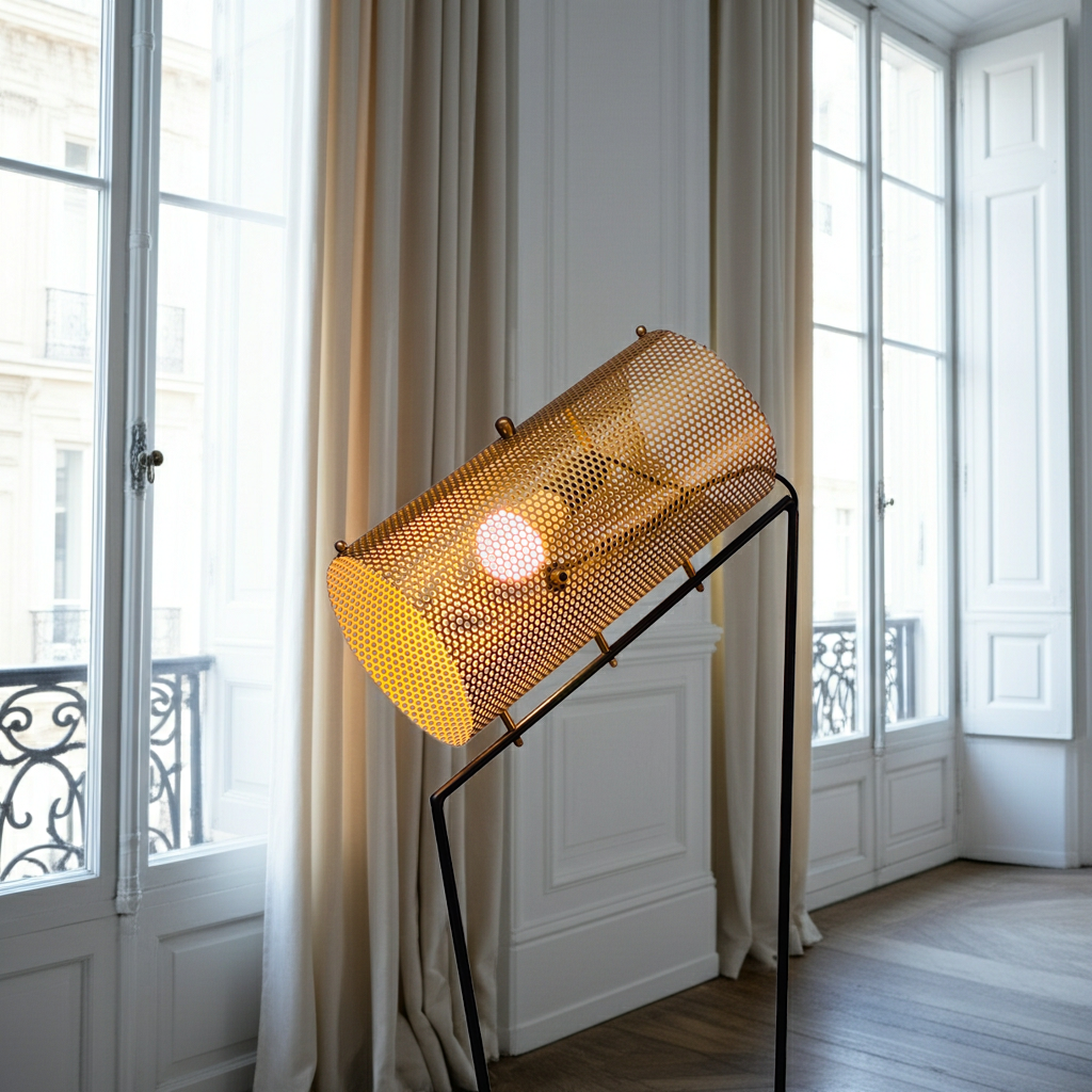 "Le Guetteur" — Lampadaire tripode à réflecteur perforé, design brutaliste-chic des années 50