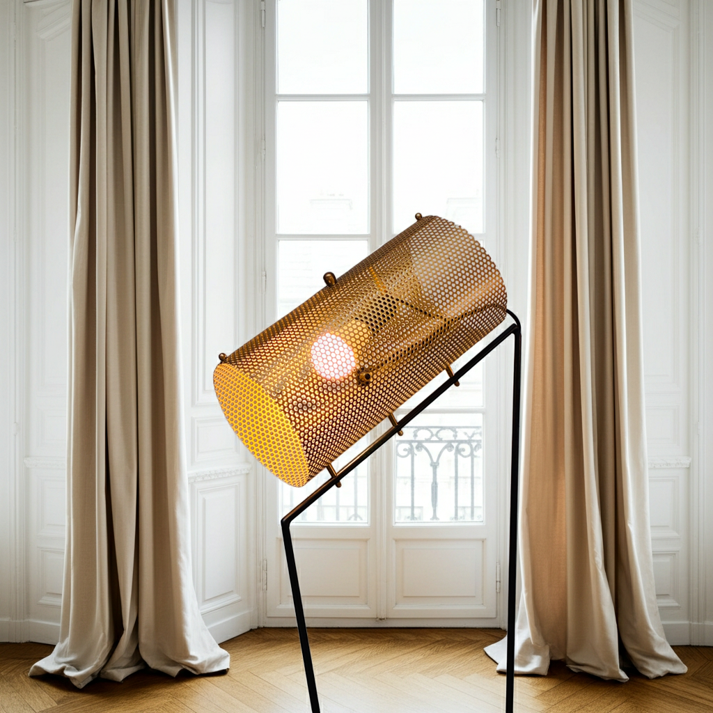 "Le Guetteur" — Lampadaire tripode à réflecteur perforé, design brutaliste-chic des années 50