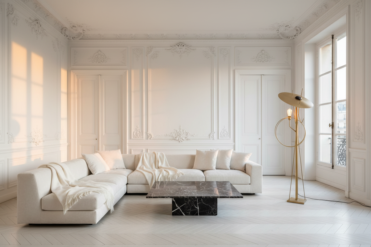 Lampadaire sculptural — vue paysage salon parisien