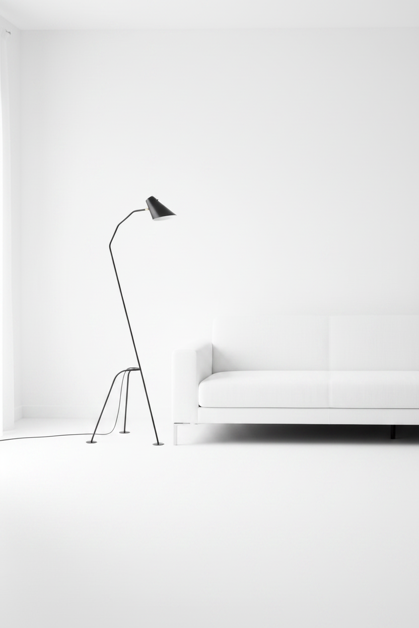 Lampadaire tripode - plan moyen canapé blanc