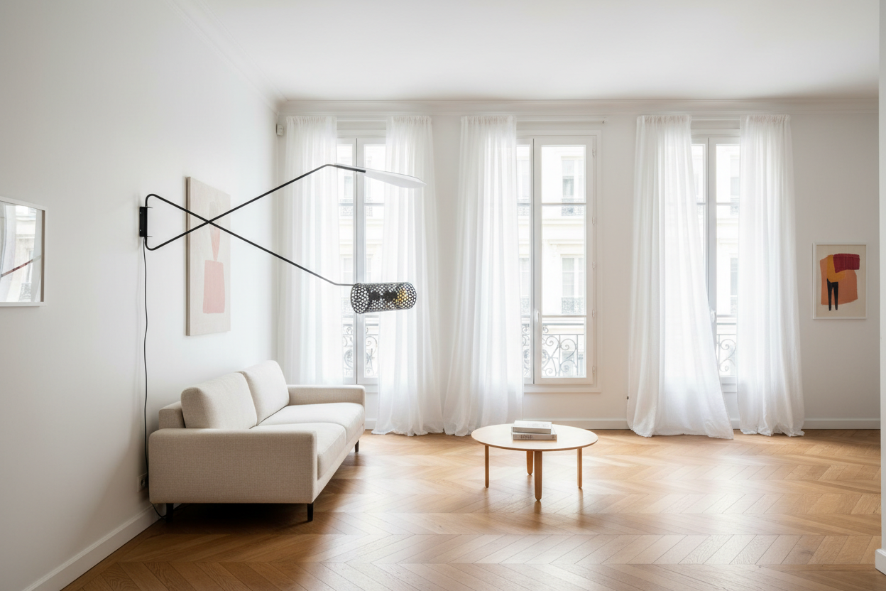 Potence orientée gauche — intérieur lumineux minimaliste
