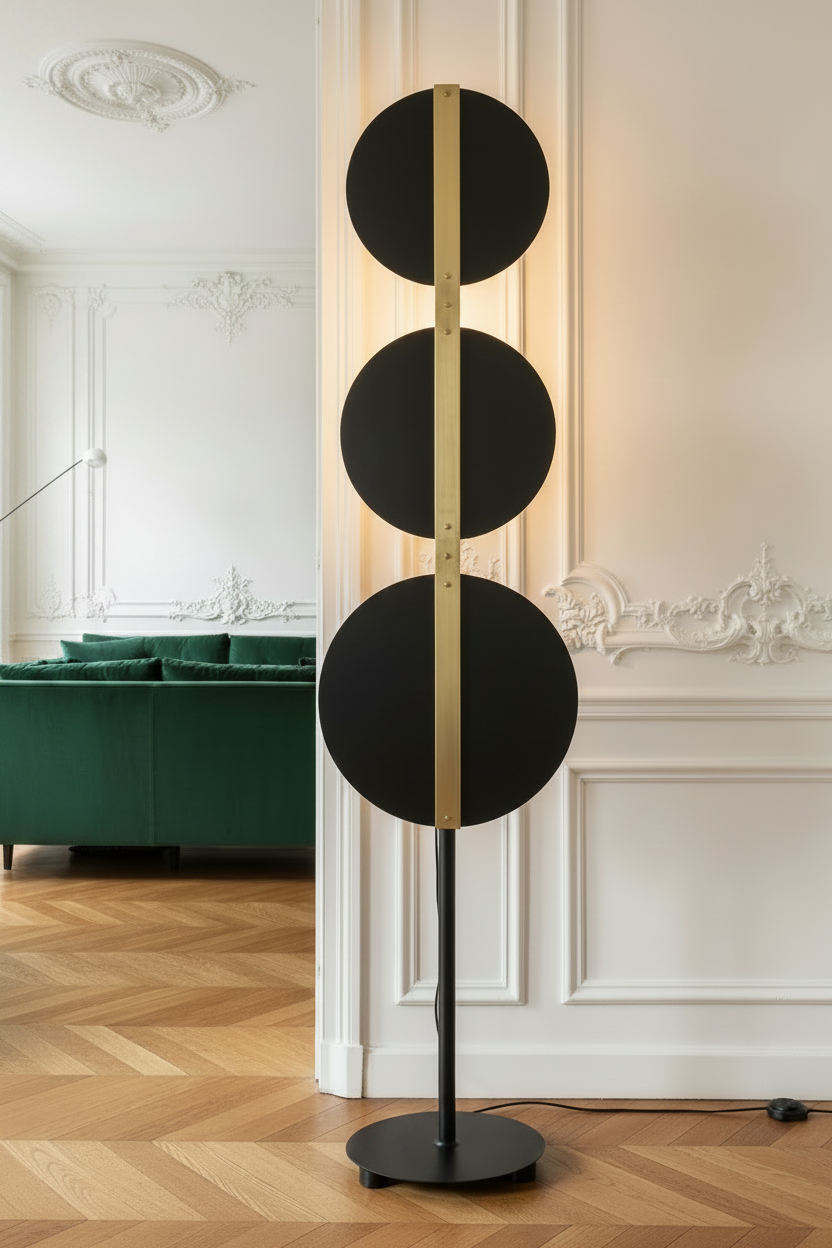 Lampadaire Solstice — Trois Disques Noirs & Laiton Massif