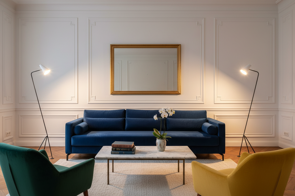 Un seul lampadaire de chaque côté du canapé